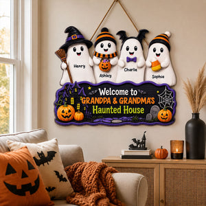 Halloween Welcome To Grandma Grandpa Haunted House Cute Boo Kids - Personalized Wood Sign - Halloween Decoration For Grandparents