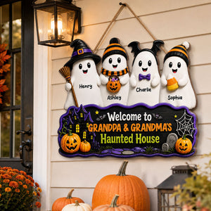 Halloween Welcome To Grandma Grandpa Haunted House Cute Boo Kids - Personalized Wood Sign - Halloween Decoration For Grandparents