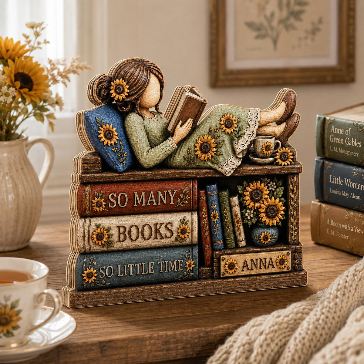 Personalized Book Lover Wooden Block, Custom Name Reading Girl Shelf Decor, Sunflower Bookish Gift, Library Desk Sign