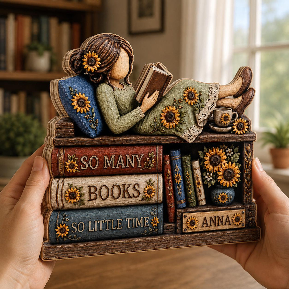 Personalized Book Lover Wooden Block, Custom Name Reading Girl Shelf Decor, Sunflower Bookish Gift, Library Desk Sign