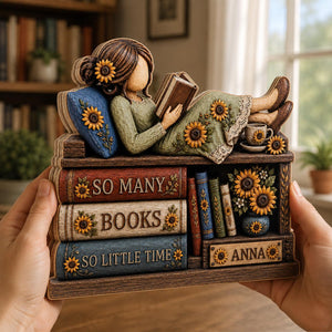 Personalized Book Lover Wooden Block, Custom Name Reading Girl Shelf Decor, Sunflower Bookish Gift, Library Desk Sign