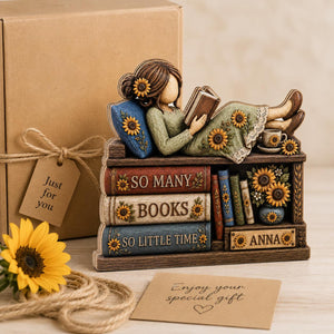 Personalized Book Lover Wooden Block, Custom Name Reading Girl Shelf Decor, Sunflower Bookish Gift, Library Desk Sign