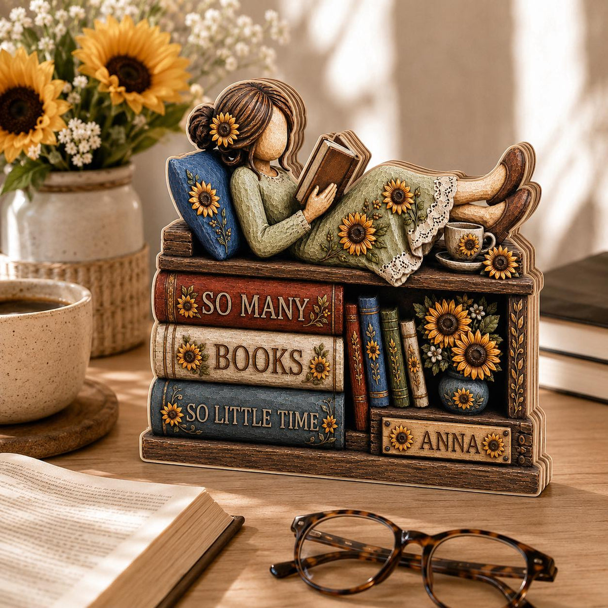 Personalized Book Lover Wooden Block, Custom Name Reading Girl Shelf Decor, Sunflower Bookish Gift, Library Desk Sign