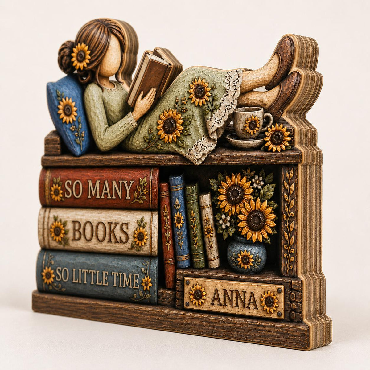 Personalized Book Lover Wooden Block, Custom Name Reading Girl Shelf Decor, Sunflower Bookish Gift, Library Desk Sign