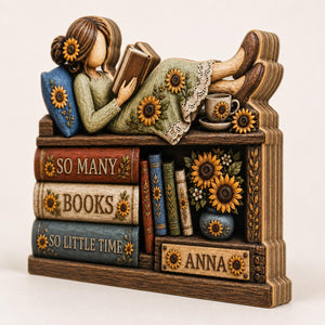 Personalized Book Lover Wooden Block, Custom Name Reading Girl Shelf Decor, Sunflower Bookish Gift, Library Desk Sign