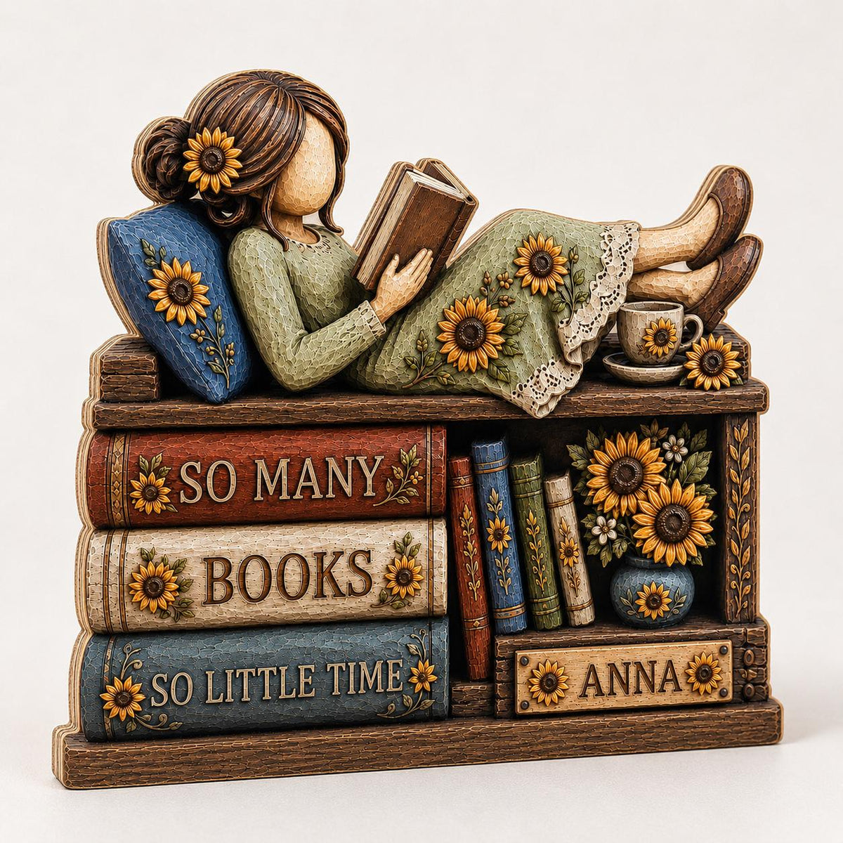 Personalized Book Lover Wooden Block, Custom Name Reading Girl Shelf Decor, Sunflower Bookish Gift, Library Desk Sign