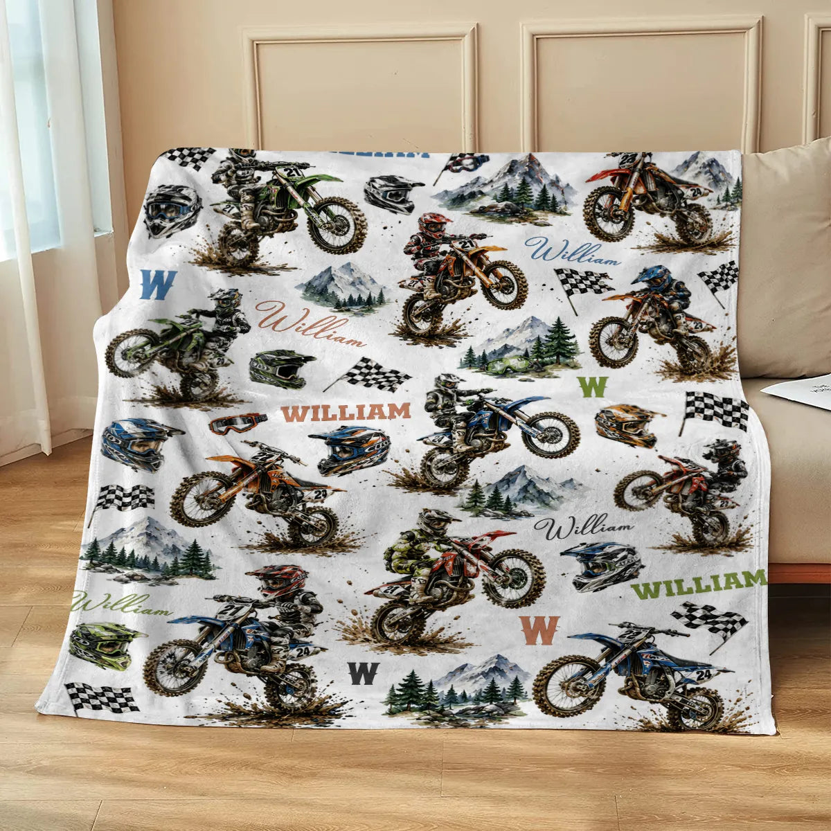 Personalized Dirt Bike Blanket for Boys | Custom Name Motocross Baby Blanket | Kids Motorcycle Birthday Gift | Dirtbike Nursery Decor Throw