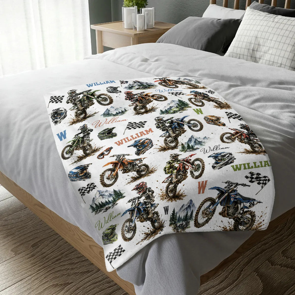 Personalized Dirt Bike Blanket for Boys | Custom Name Motocross Baby Blanket | Kids Motorcycle Birthday Gift | Dirtbike Nursery Decor Throw