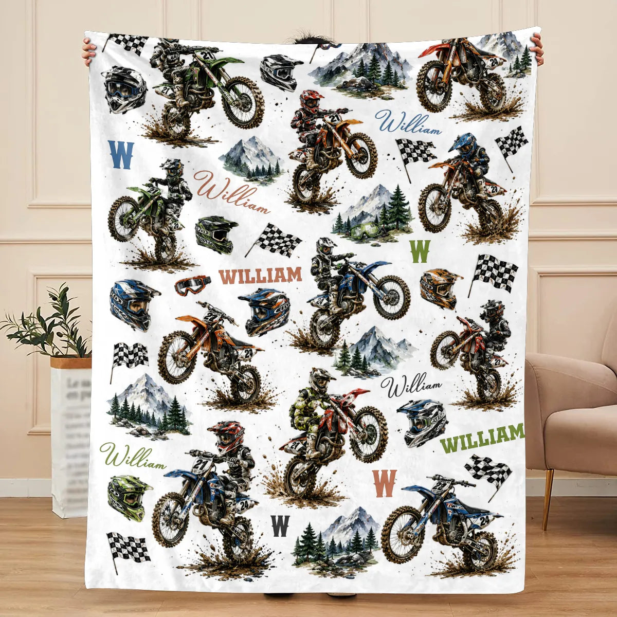Personalized Dirt Bike Blanket for Boys | Custom Name Motocross Baby Blanket | Kids Motorcycle Birthday Gift | Dirtbike Nursery Decor Throw