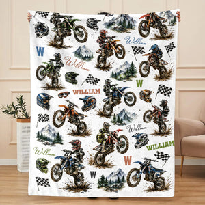 Personalized Dirt Bike Blanket for Boys | Custom Name Motocross Baby Blanket | Kids Motorcycle Birthday Gift | Dirtbike Nursery Decor Throw