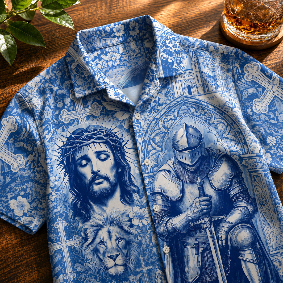 Kneeling Knight Toile de Jouy Hawaiian Shirt - Personalized Gifts For Christian Hawaiian Shirt