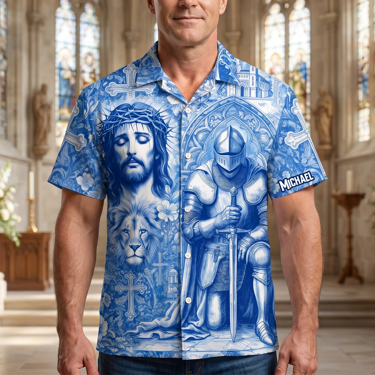 Kneeling Knight Toile de Jouy Hawaiian Shirt - Personalized Gifts For Christian Hawaiian Shirt