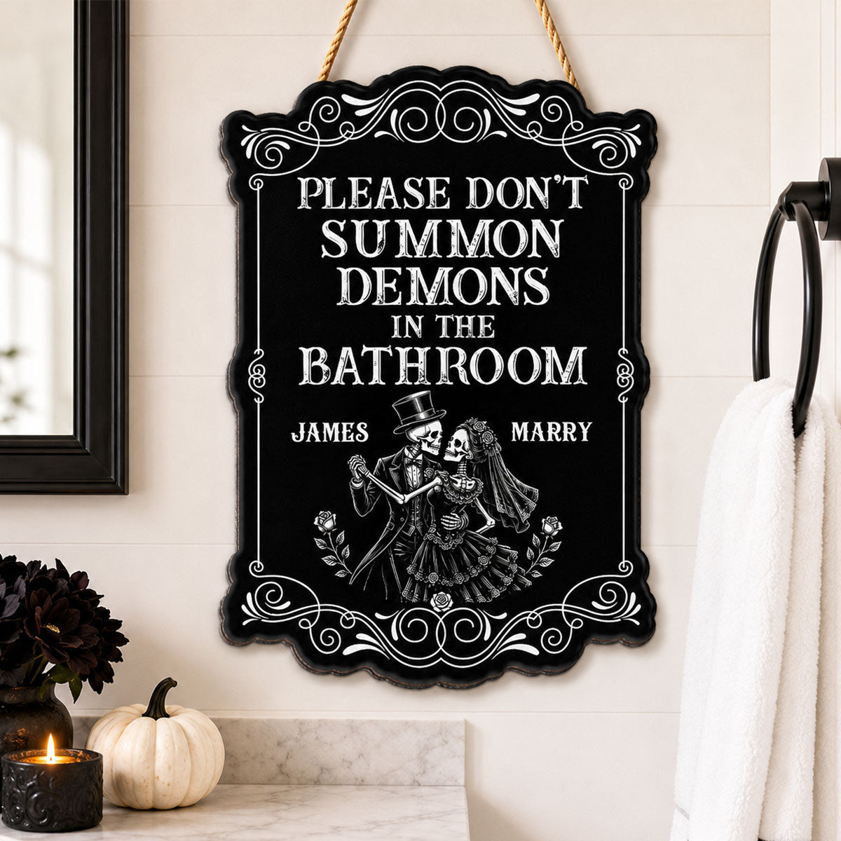 Gothic Couple Please Don't Summon Demons - Personalized Wood Sign - Funny Halloween Gothic Bathroom Decor For Couple