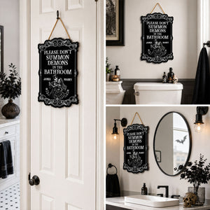 Gothic Couple Please Don't Summon Demons - Personalized Wood Sign - Funny Halloween Gothic Bathroom Decor For Couple