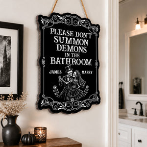 Gothic Couple Please Don't Summon Demons - Personalized Wood Sign - Funny Halloween Gothic Bathroom Decor For Couple