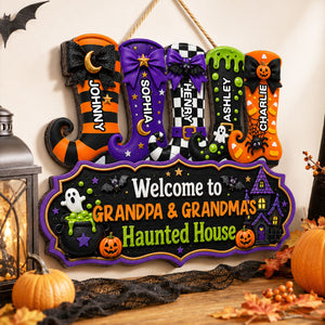 Whimsical Halloween Welcome To Grandma Grandpa Haunted House Witch Boots - Personalized Wood Sign - Halloween Decoration For Grandparents