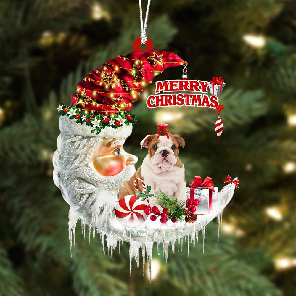 English Bulldog On The Moon Merry Christmas Hanging Ornament