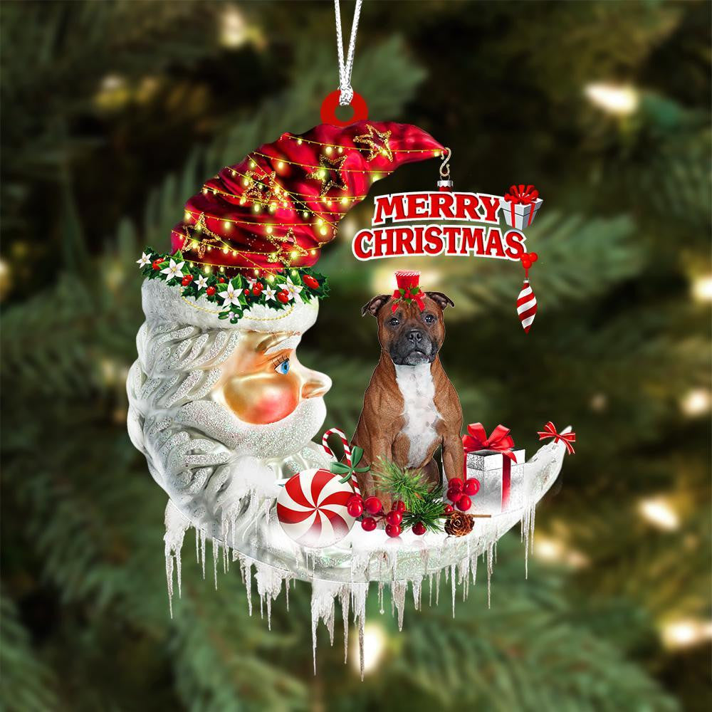 Staffordshire Bull Terrier On The Moon Merry Christmas Hanging Ornament