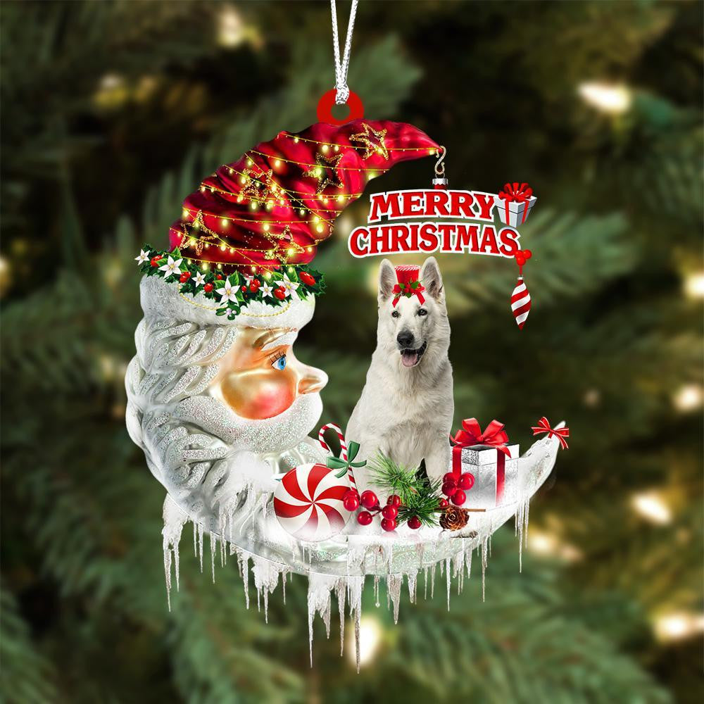 White German Shepherd On The Moon Merry Christmas Hanging Ornament