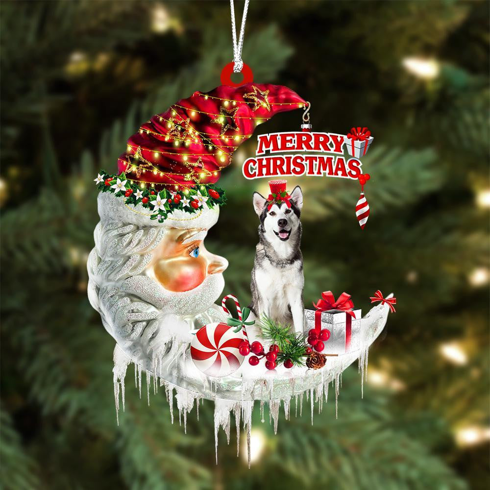 Alaskan Malamute On The Moon Merry Christmas Hanging Ornament