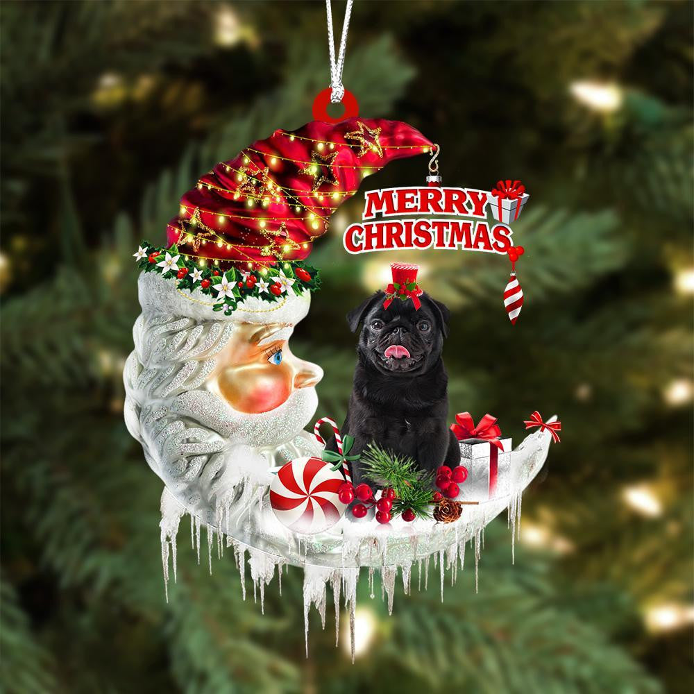 Black Pug On The Moon Merry Christmas Hanging Ornament