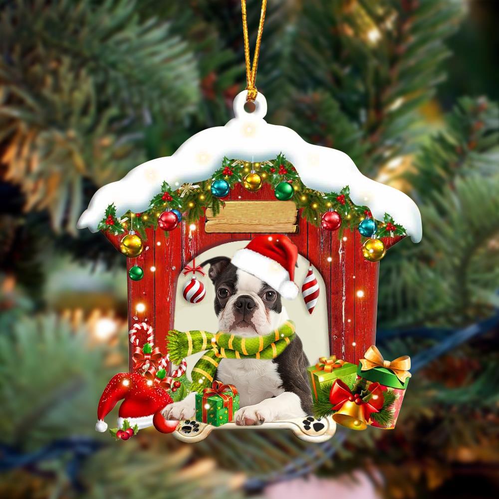 Boston Terrier In Red Wood House Christmas Ornament