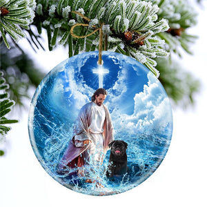 Black Pug And God Walking On The Ocean Wave Porcelain/Ceramic Ornament