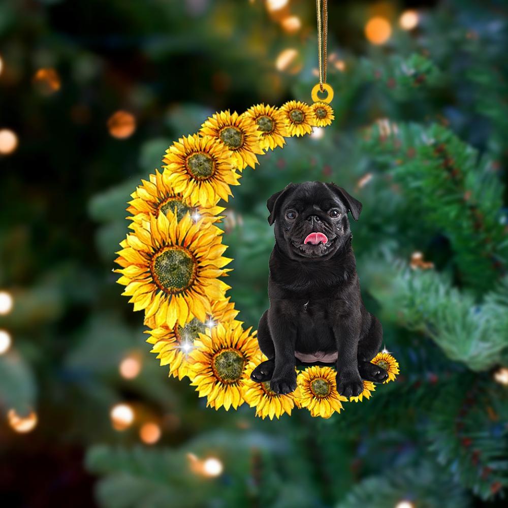 Black Pug On Sunflower Moon Ornament