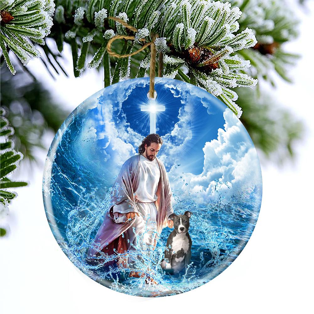 Pitbull And God Walking On The Ocean Wave Porcelain/Ceramic Ornament