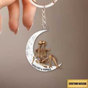 Personalized Skeleton Couple On The Moon Acrylic Keychain-Gift For Valentine's Day