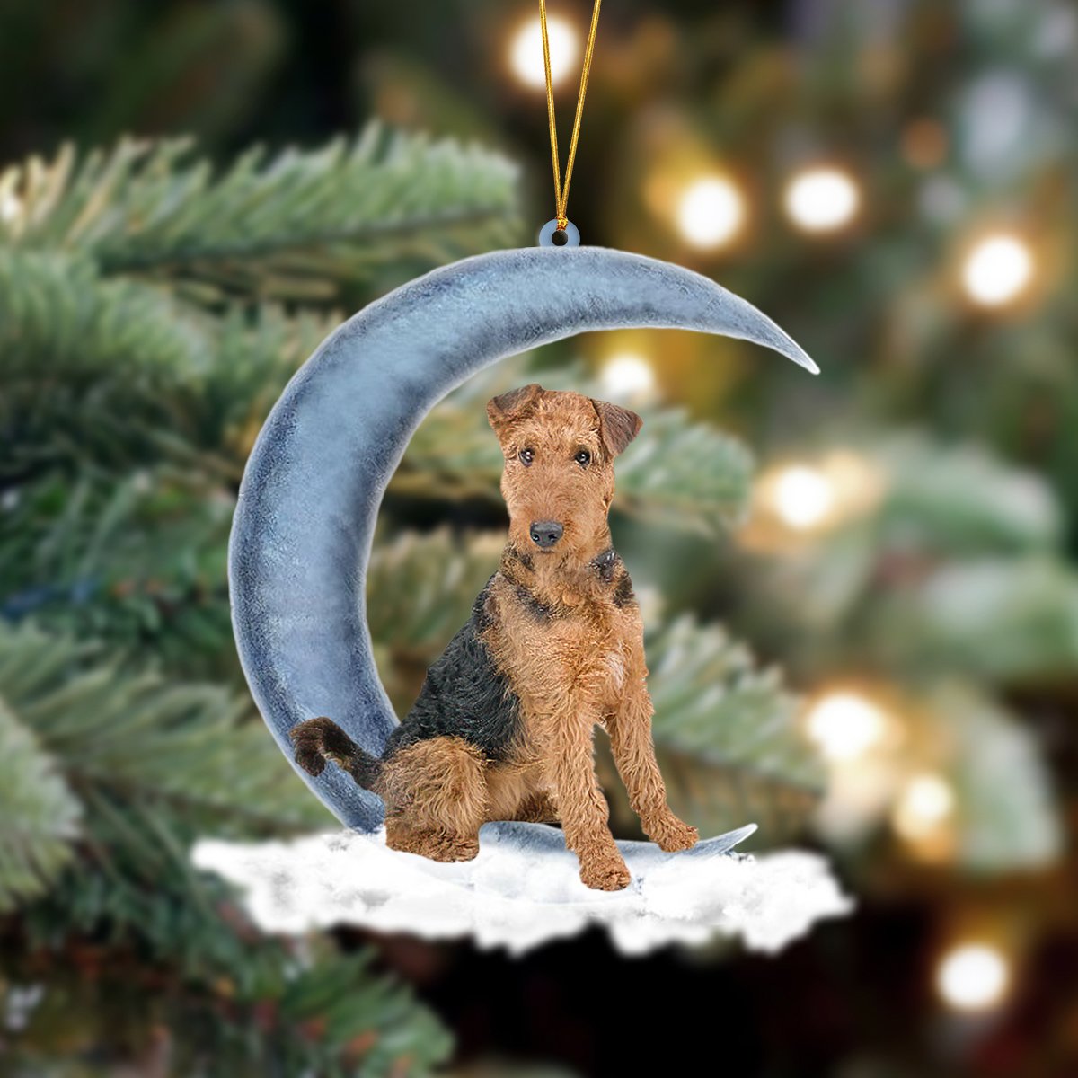 Airedale Terrier Sits On The Moon Hanging Ornament