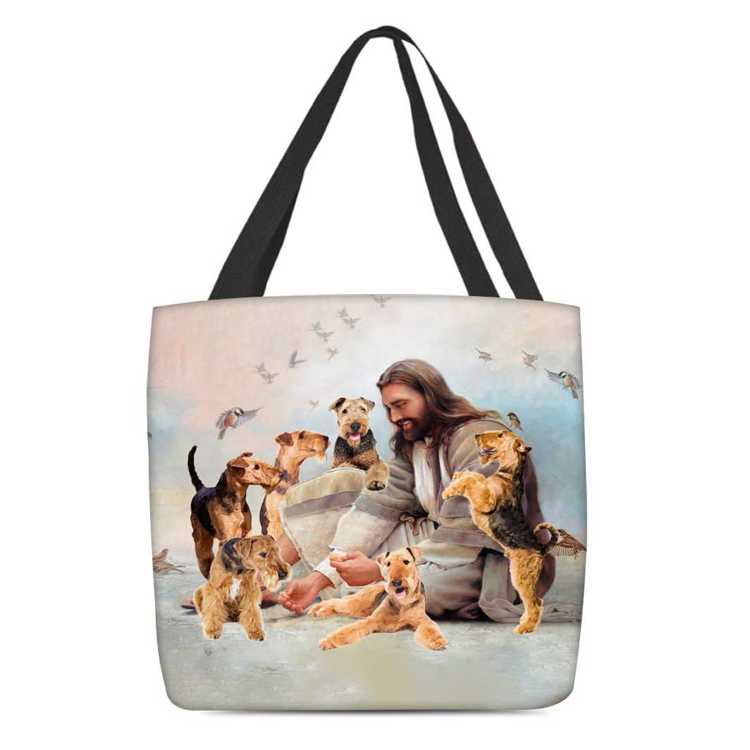 Jesus Surrounded By Airedales Tote Bag