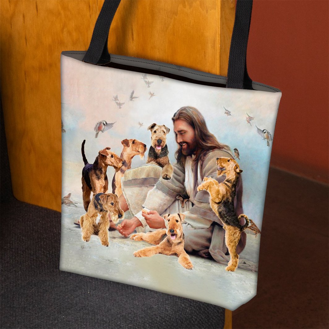 Jesus Surrounded By Airedales Tote Bag