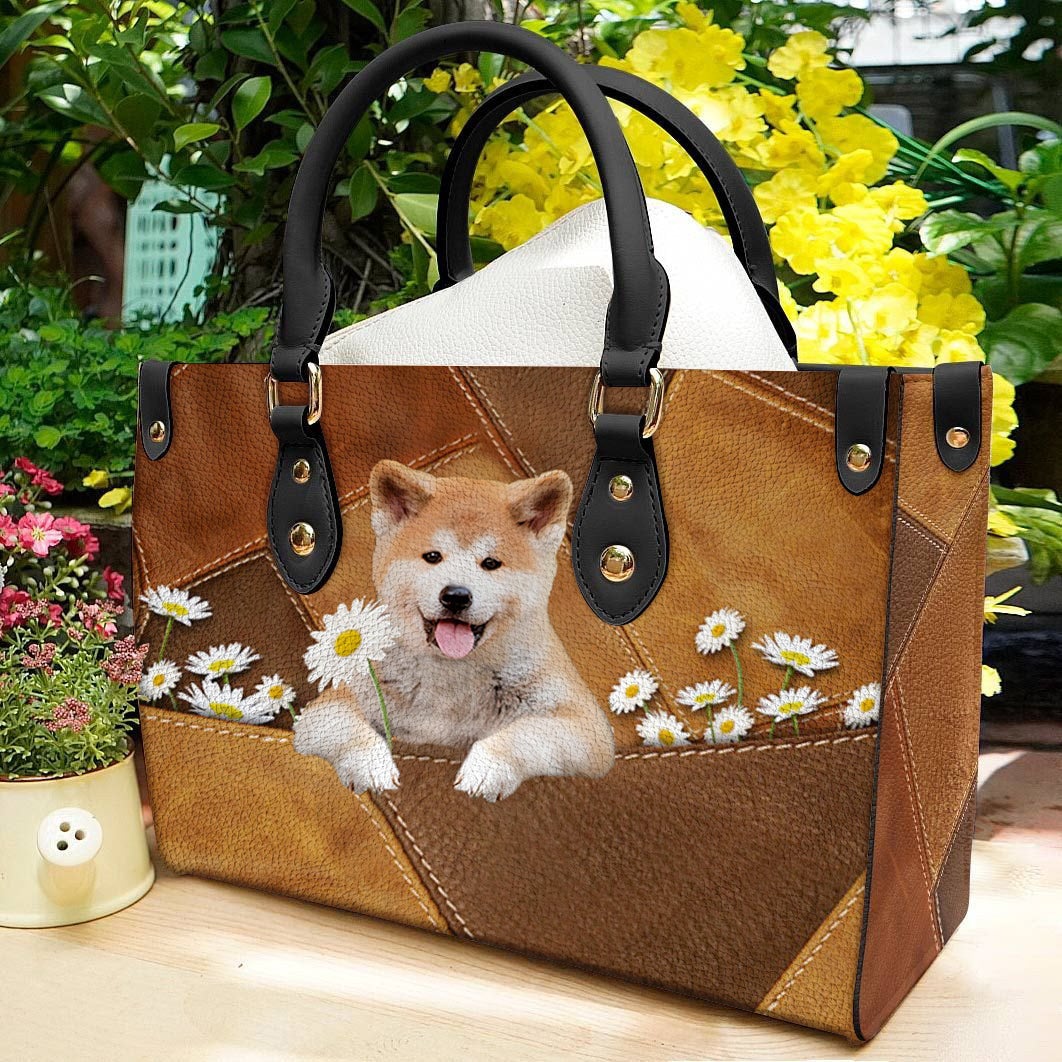 Akita Inu Holding Daisy Leather Bag