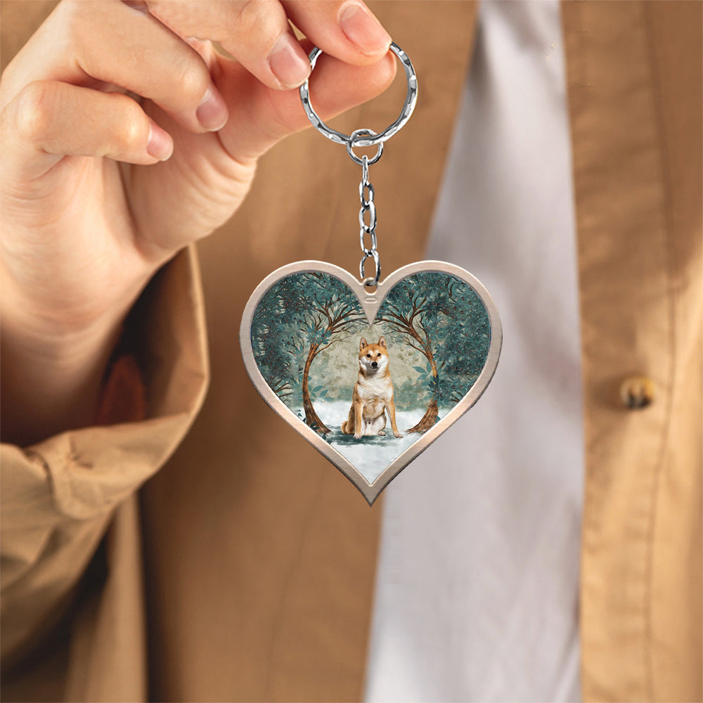 Akita Inu Among Forest Heart Shape Stainless Steel Keychain