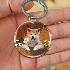 New Akita Inu Holding Daisy-Round Resin Epoxy Metal Keychain