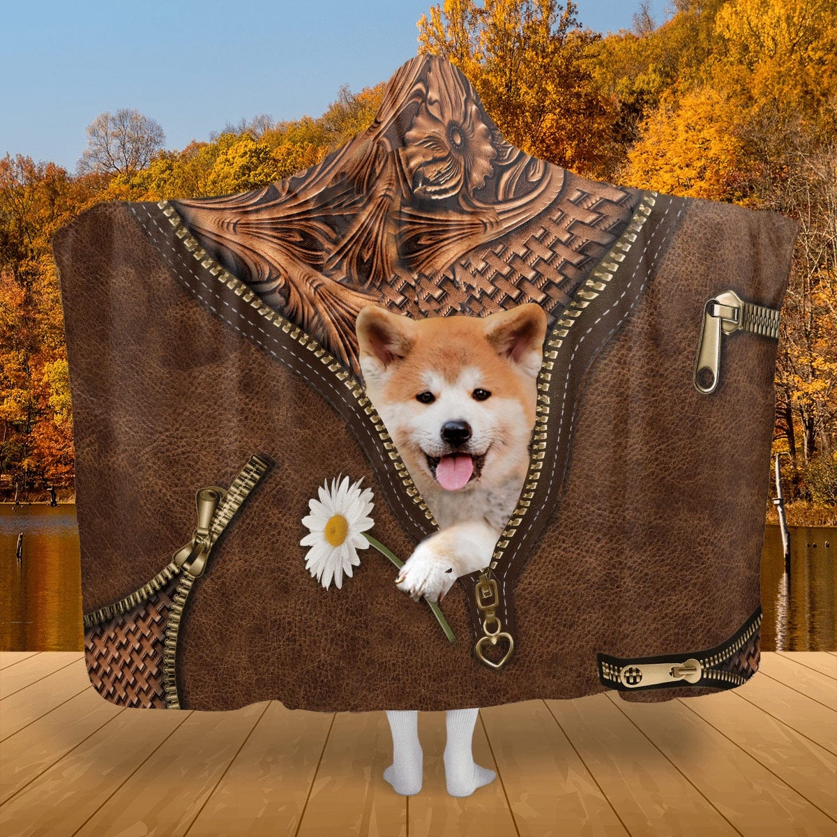 Akita Inu Holding Daisy Hooded Blanket