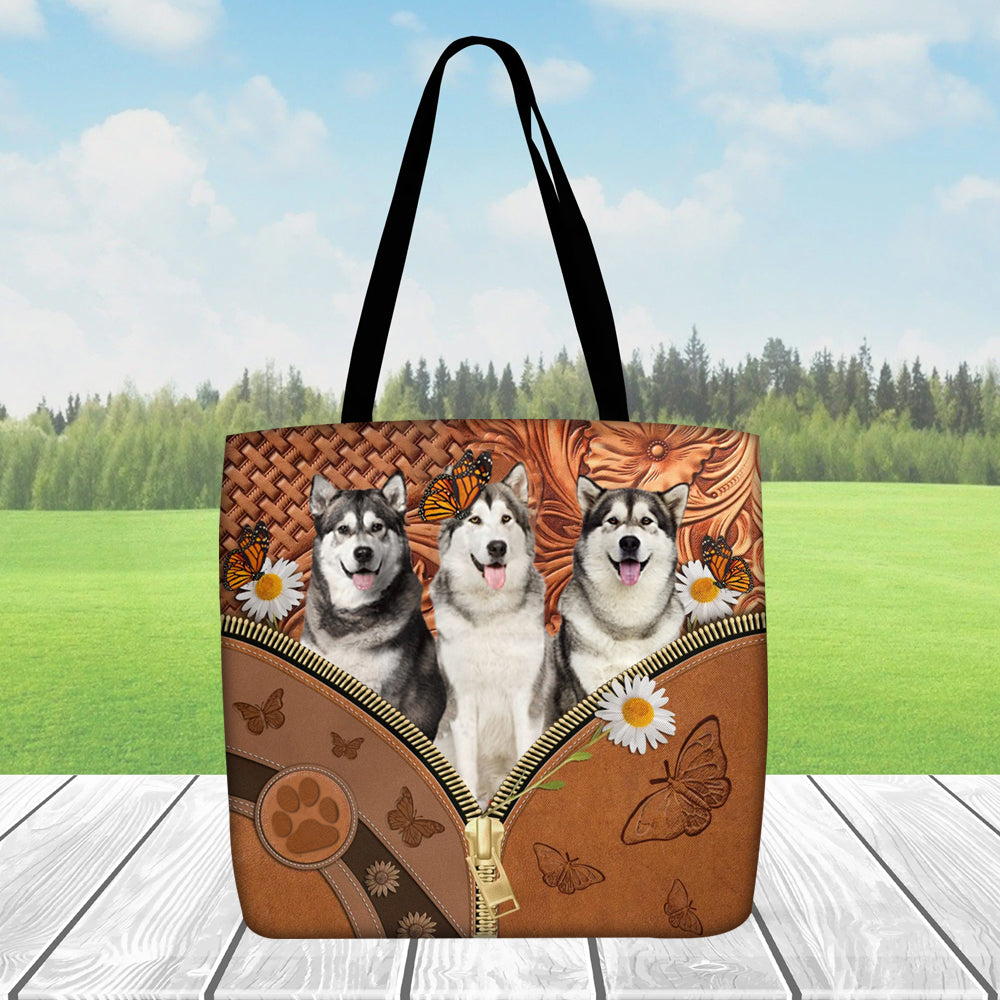 Alaskan Malamute Daisy Flower And Butterfly Tote Bag