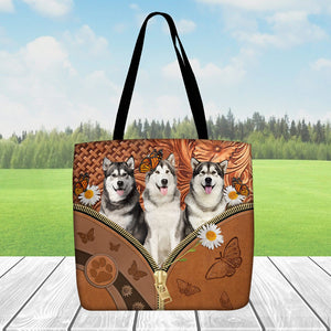 Alaskan Malamute Daisy Flower And Butterfly Tote Bag