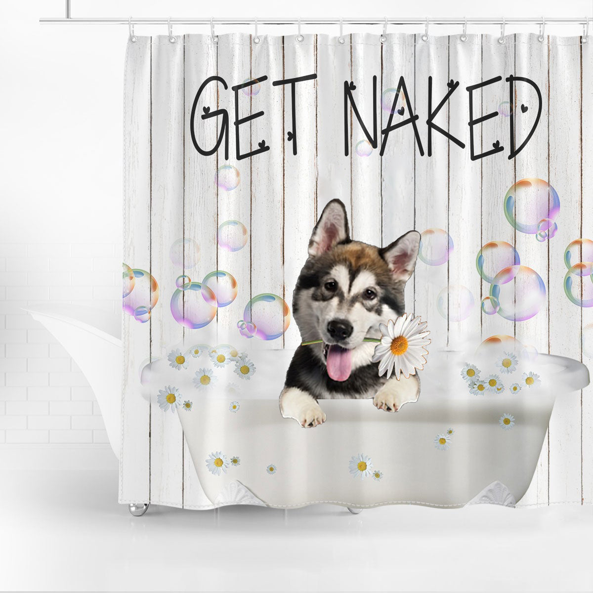Alaskan Malamute Get Naked Daisy Shower Curtain