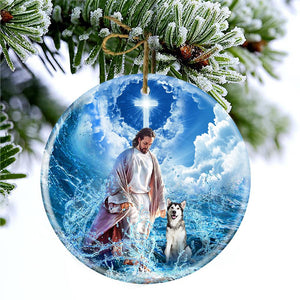 Alaskan Malamute And God Walking On The Ocean Wave Porcelain/Ceramic Ornament