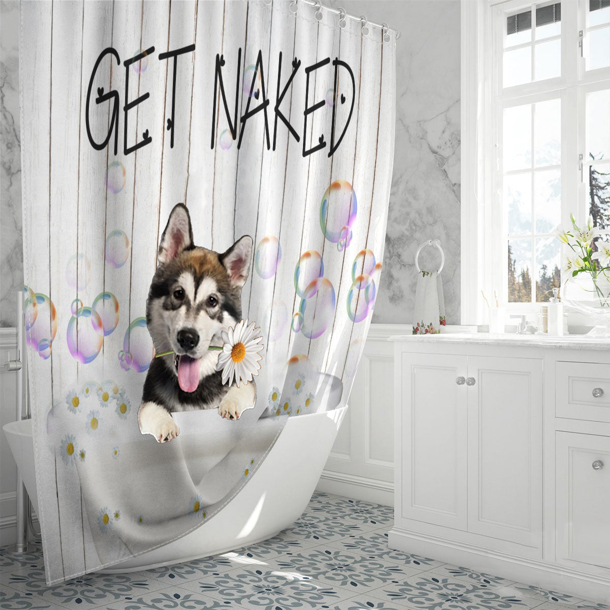 Alaskan Malamute Get Naked Daisy Shower Curtain
