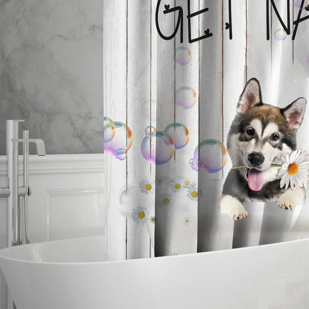 Alaskan Malamute Get Naked Daisy Shower Curtain