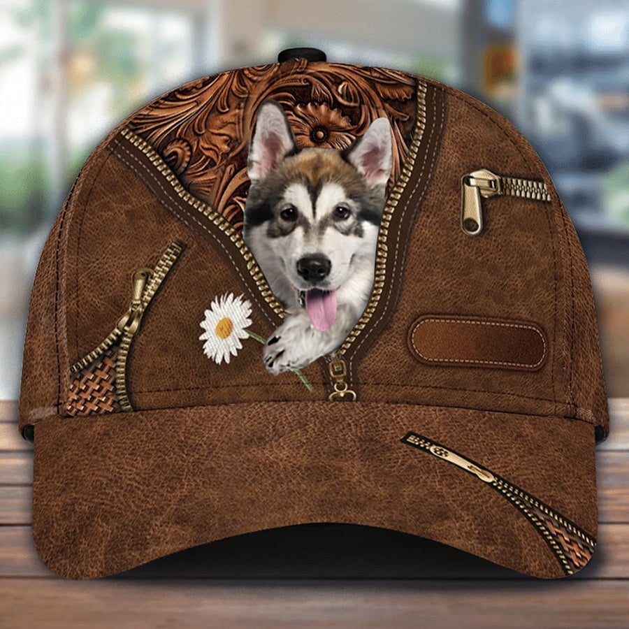 Alaskan Malamute Holding Daisy Unisex Cap