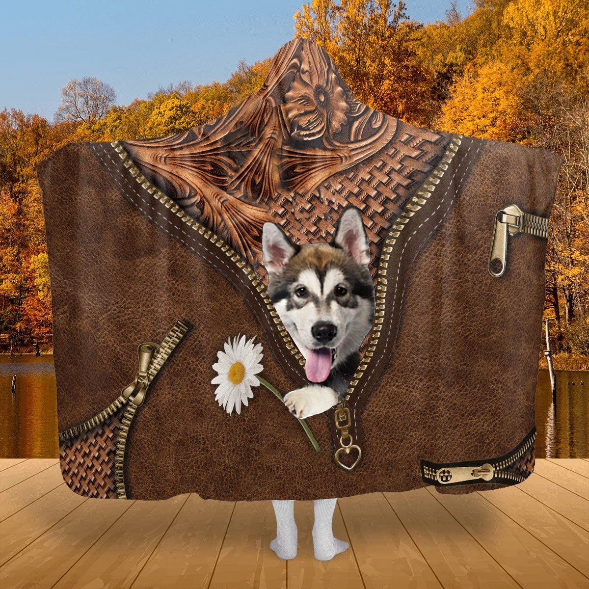 Alaskan Malamute Holding Daisy Hooded Blanket