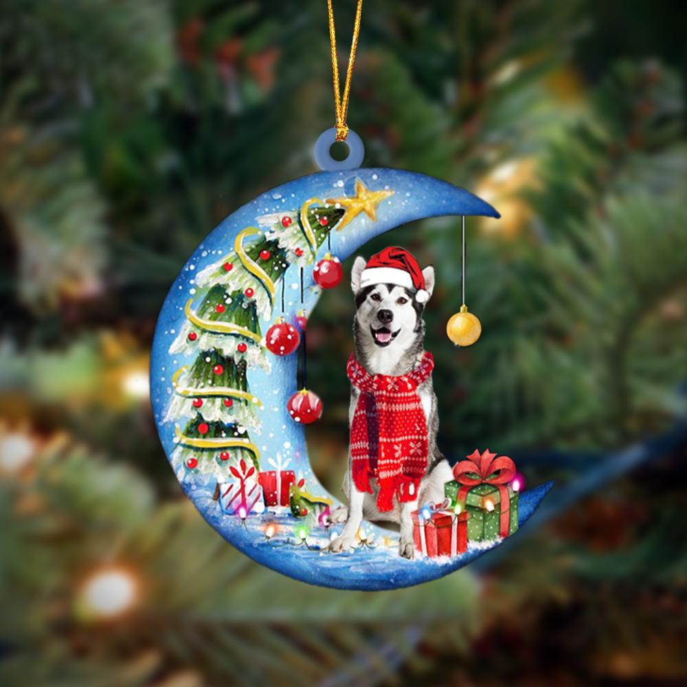 Alaskan Malamute Sits On The Moon Merry Christmas Hanging Ornament