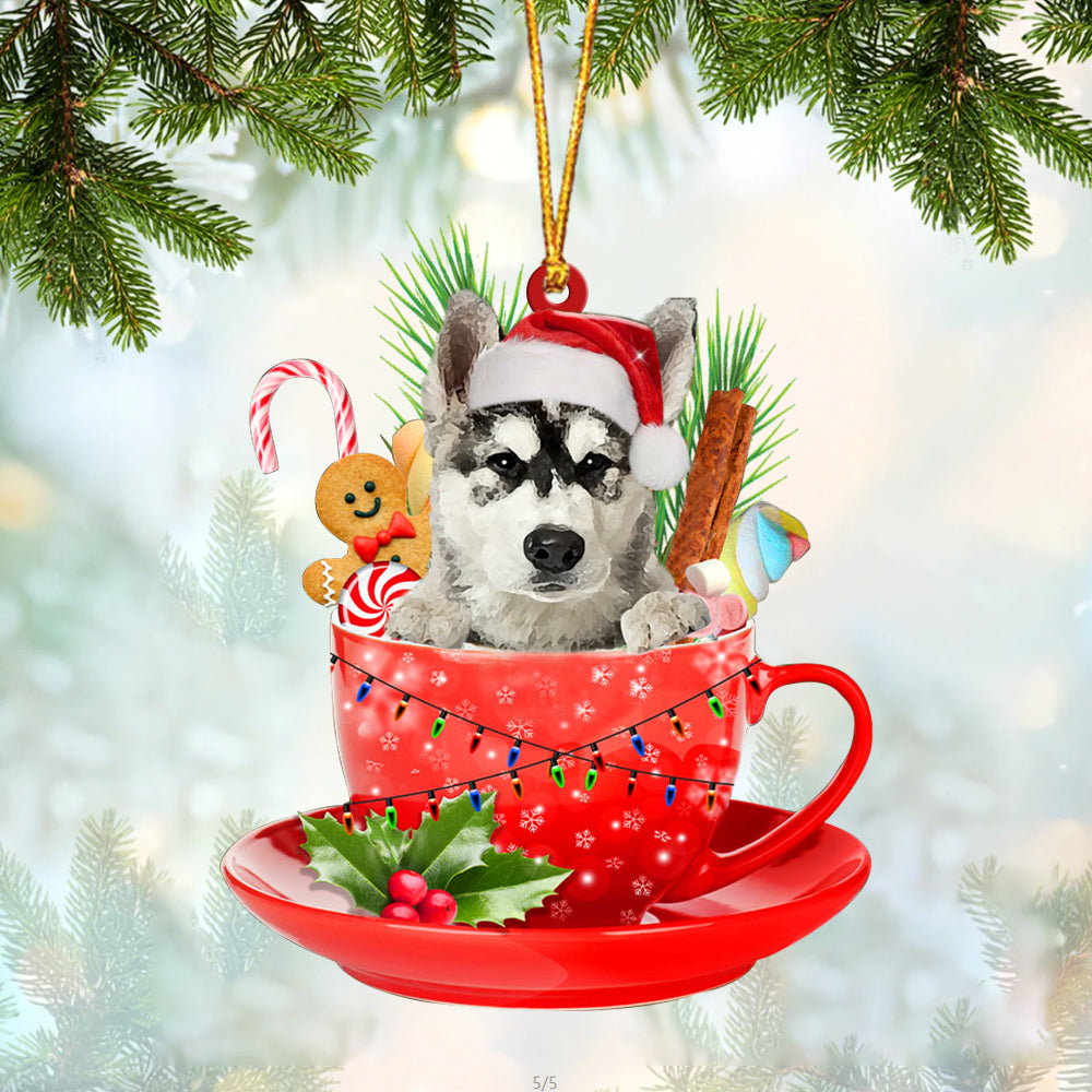 Alaskan Malamute In Cup Merry Christmas Ornament