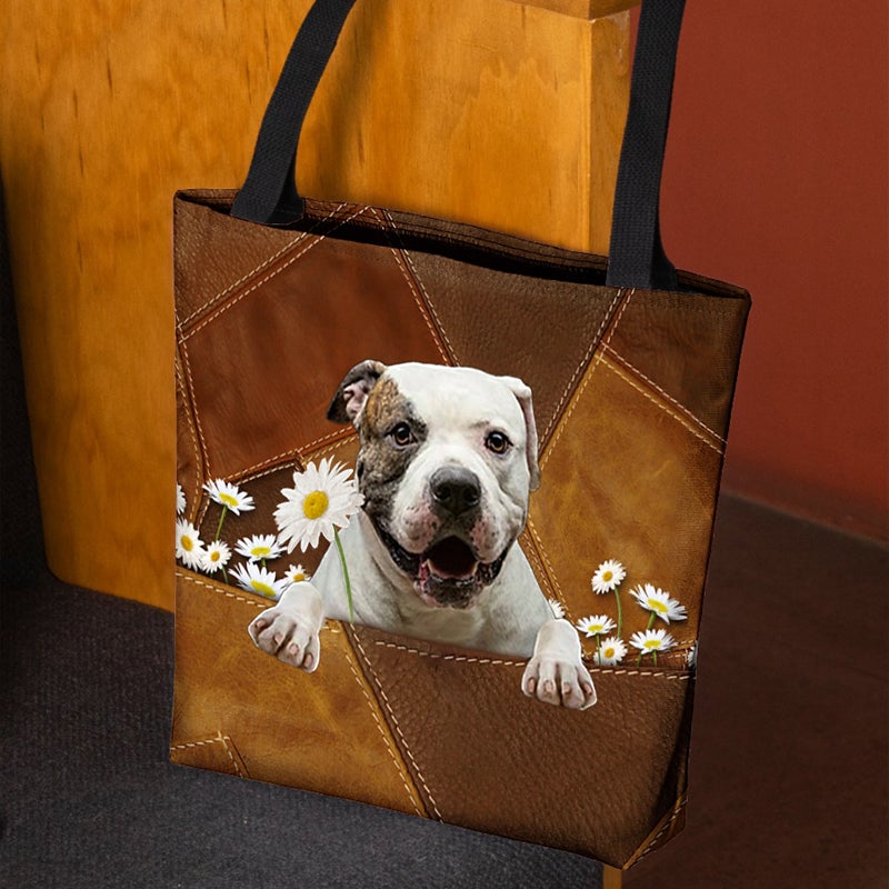 American Bulldog Holding Daisy All Over Printed Tote Bag