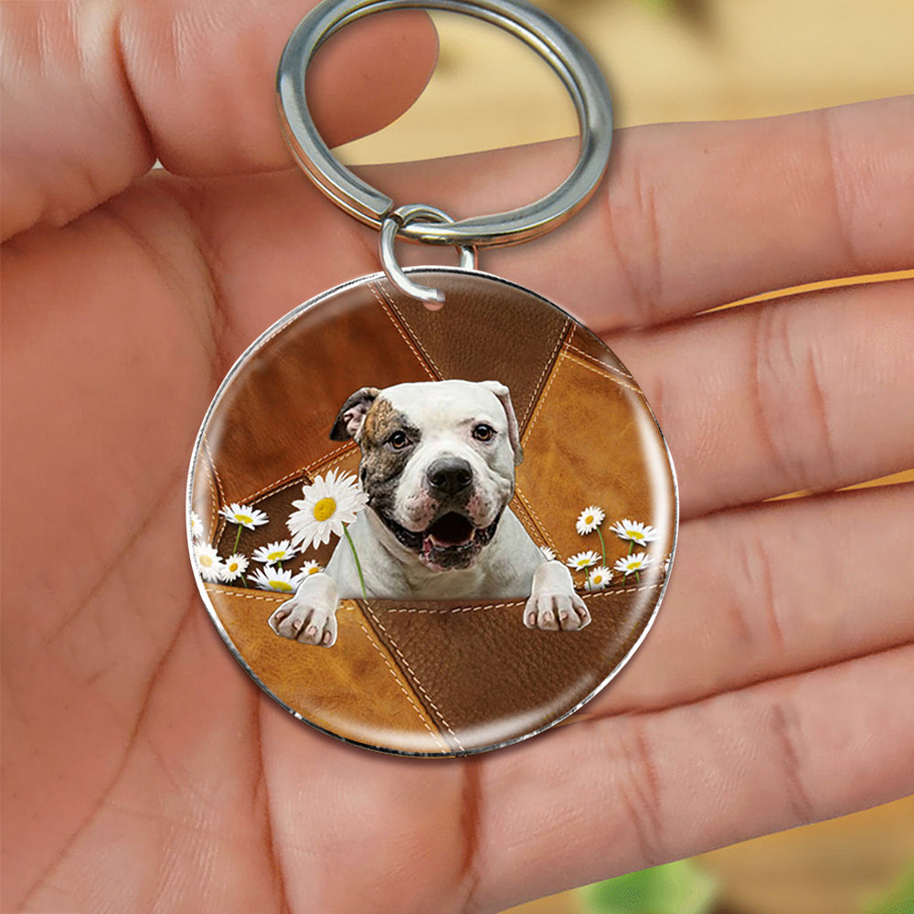 American BullDog Holding Daisy-Round Resin Epoxy Metal Keychain