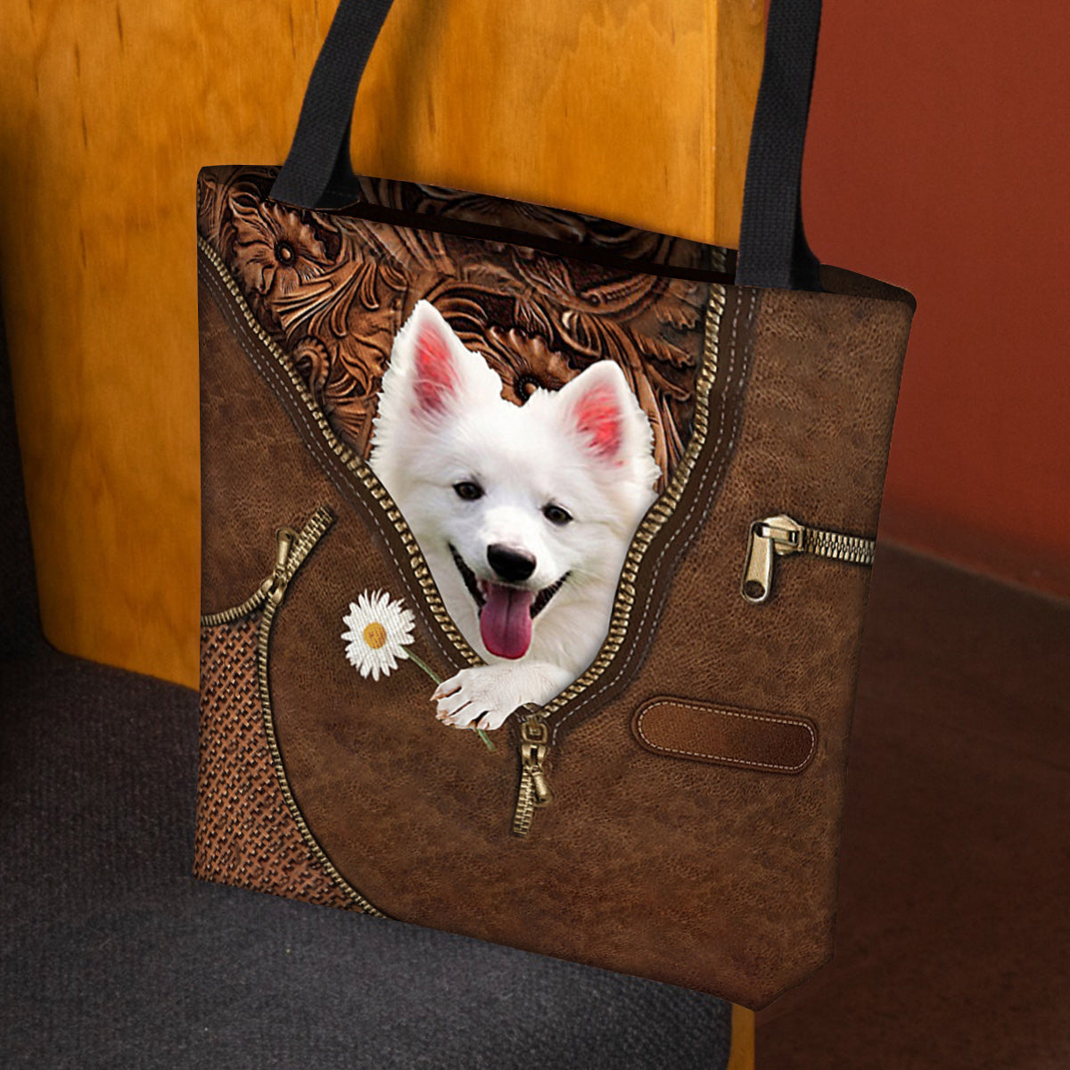 American Eskimo Holding Daisy Tote Bag